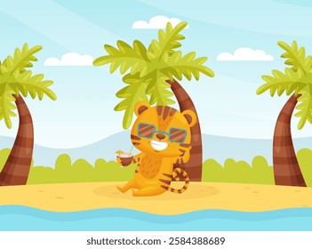 Cute Tiger Animal Sunbathing on Beach Drink Cocktail Vector Illustration