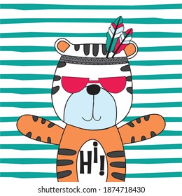 cute tiger animal wearing headdress with feathers vector illustration