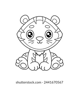 Cute tiger. Cute animals. Coloring book, black and white vector illustration.
