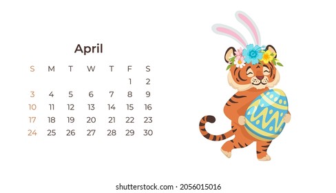 Cute tiger April 2022 calendar horizontal template. Adorable funny tiger holding an Easter egg isolated on white background. Wall poster, calendar page and kawaii cartoon character. Month planner 