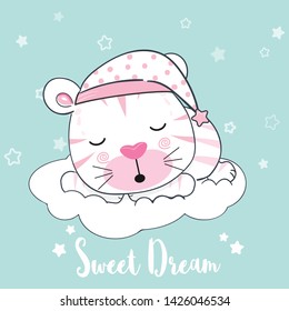 Cute tiger asleep and sweet dream text animal cartoon illustration