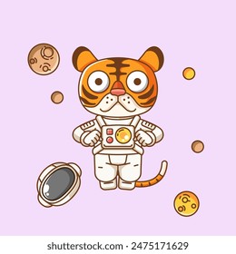 Cute tiger astronaut animal kawaii chibi character mascot illustration outline style design set