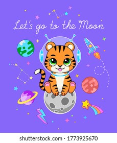 Cute tiger astronaut sitting on the Moon in space among stars and planets. Vector illustration