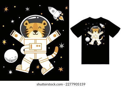 Cute tiger astronaut space illustration with tshirt design premium vector the Concept of Isolated Technology. Flat Cartoon Style Suitable for Landing Web Pages,T shirt, Flyers, Stickers