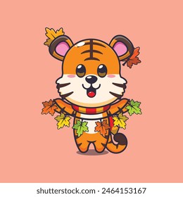 Cute tiger with autumn leaf decoration. Mascot cartoon vector illustration suitable for poster, brochure, web, mascot, sticker, logo and icon.