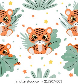 Cute tiger baby seamless pattern background. Vector illustration of wild animal in childish cartoon flat style.