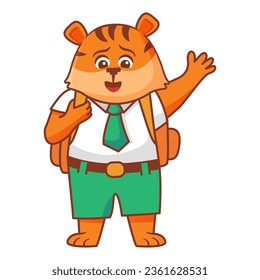 Cute tiger or backpack get ready go to school. Animal back to school. The character is a schoolboy puppy.Animalistic childish character.Cute animal student.Line art vector.Isolated on white background