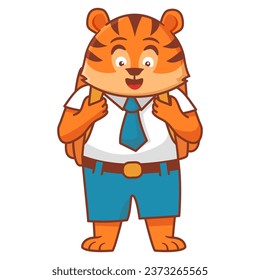 Cute tiger or backpack get ready go to school. Animal back to school.The character is a schoolboy puppy.Animalistic childish character.Cute animal student.Line art vector.Isolated on white background