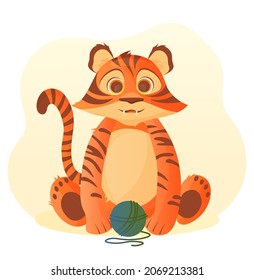 Cute tiger with ball of thread. Wild animal sitting and playing with round object. Colorful character with orange striped fur. Design element for printing on fabric. Cartoon flat vector illustration