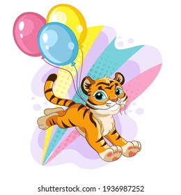 Cute tiger with balloons. Cartoon character. Vector isolated colorful illustration. For print and design, posters, nursery design, cards, stickers, room decor,party,t-shirt,kids apparel and invitation