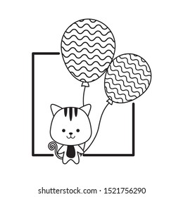 cute tiger with balloons helium and frame vector illustration design