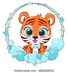 Cute tiger with balloons and a wreath. Vector illustration of a cartoon.