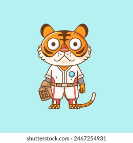 Cute tiger Baseball player animal kawaii chibi character mascot illustration outline style design set