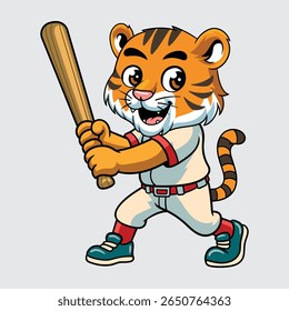 Cute Tiger baseball player smiling confidently while holding a bat in cartoon illustration