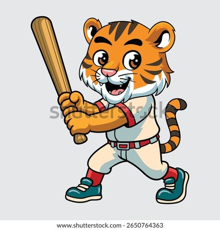 Cute Tiger baseball player smiling confidently while holding a bat in cartoon illustration