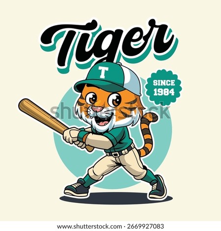 Cute Tiger in a baseball uniform holding a bat character illustration