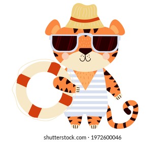 Cute tiger. beach guy - Funny striped character on the beach in sunglasses, a hat, a swimsuit and a lifebuoy in a paw. Vector illustration. For design, printing, card and decora 