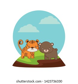 cute tiger with bear animals in landscape