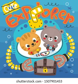 Cute tiger and bear cartoon in the submarine exploring treasure in sea vector illustration.  