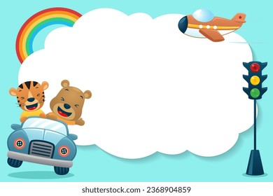 Tigre y oso en el auto. Elemento de transporte con signo en blanco. Ilustración de dibujos animados