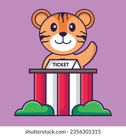 Cute tiger is being a ticket keeper. Animal cartoon concept isolated. Can used for t-shirt, greeting card, invitation card or mascot