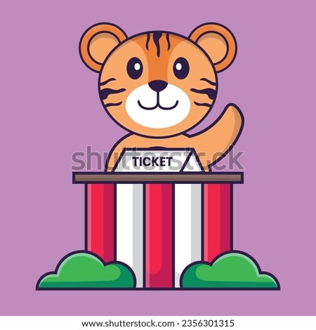 Cute tiger is being a ticket keeper. Animal cartoon concept isolated. Can used for t-shirt, greeting card, invitation card or mascot