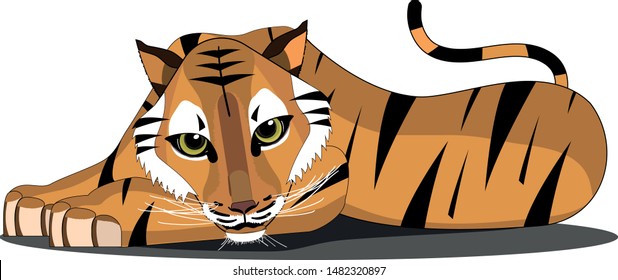 Cute Tiger with big eyes lying down, swishing its tail.