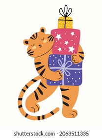 Cute tiger with a big pile of gifts. New Year and Christmas animal character. Happy baby tiger in vector. Symbol of the Chinese New Year. Hand-drawn festive character for print design, poster, postcar
