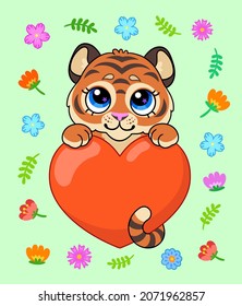 Tiger mit rotem Herzen und Blumen. Symbol des neuen chinesischen Jahres 2022. Vektorgrafik