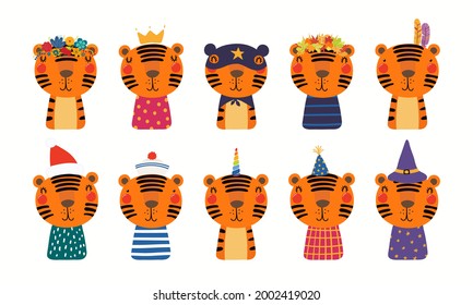 Cute tiger big set, sailor, superhero, princess, unicorn, Christmas, witch, flowers, birthday hat, isolated on white. Hand drawn vector illustration. Scandinavian style flat design. Kids print concept