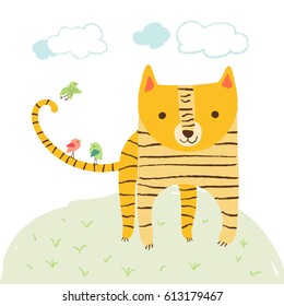 Cute tiger with birds and sky in the meadow on white background. Vector illustration in cartoon style for print design of children's banners, postcards, posters, booklets.