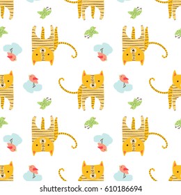 Cute tiger with birds. Vector seamless pattern on white background. Can be used for print design, clothing,  textile, fabric, booklets, wrapping paper, wallpaper.