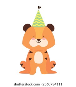 cute tiger with birthday hat isolated