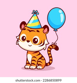 Cute Tiger Birthday Party With Balloon Cartoon Vector Icon Illustration. Animal Holiday Icon Concept Isolated Premium Vector. Flat Cartoon Style