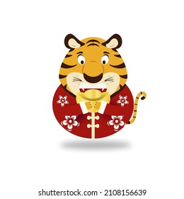 Cute tiger biting gold bullion, Chinese new year 2022 year of the tiger zodiac, cartoon vector illustration isolated on white