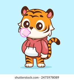 Cute Tiger Blowing Gum Cartoon Vector Icon Illustration. Animal Fashion Icon Concept Isolated Premium Vector. Flat Cartoon Style