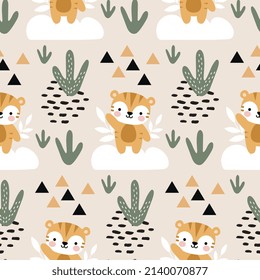 cute tiger with boho elements, clouds, plants, dashes and triangles on a light brown pastel background, kids jungle seamless pattern, woodland animals fabric and textile, wrapping paper print