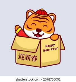 Cute Tiger in the Box Cartoon Vector Icon Illustration. Animal Character Mascot Flat Concept.