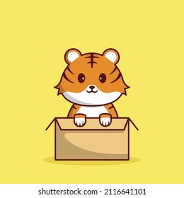 Cute Tiger in Box Vector Illustration. Animal. Baby. Flat Cartoon Style Suitable for Icon, Web Landing Page, Banner, Flyer, Sticker, Card, Background, T-Shirt, Clip-art