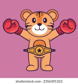 Cute tiger in boxer costume with champion belt. Animal cartoon concept isolated. Can used for t-shirt, greeting card, invitation card or mascot