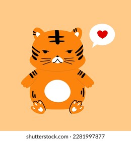 Cute tiger boy in Asian style with message and heart. Cartoon hand-drawn vector illustration.