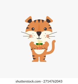 Lindo niño tigre con un regalo. Ilustración vectorial.