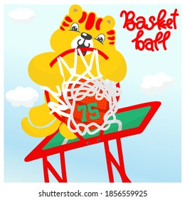 cute tiger boy playing basketball and flying ball on a Basketball net on Sport And number typography design with  Stitched lines  on Sky  background illustration vector.