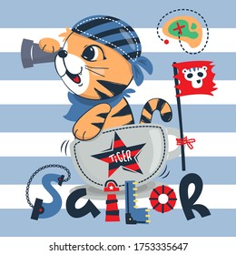 Cute-Tiger-Junge, der Seemann spielt und durch das Spyglass auf blauem und weißem, gestreiftem Hintergrund guckt, Vektorgrafik.