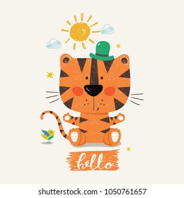 Cute tiger boy.cartoon hand drawn vector illustration. Can be used for baby t-shirt print, fashion print design, kids wear, baby shower celebration greeting and invitation card.