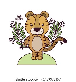 cute tiger with branch and leaves of background