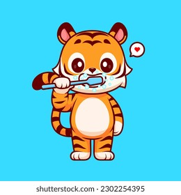 Cute Tiger Brushing Teeth Cartoon Vector Icon Illustration. Animal Healthy Icon Concept Isolated Premium Vector. Flat Cartoon Style