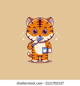 Cute Tiger brushing teeth while holding mug