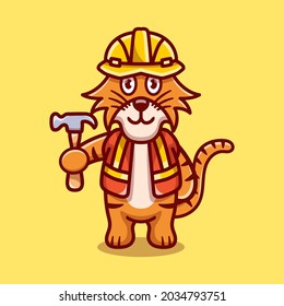 cute tiger builder carrying hammer, perfect for cute animal icons or mascots about hard work building work while carrying a hammer