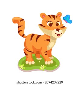 Cute tiger with butterfly cartoon vector illustration	